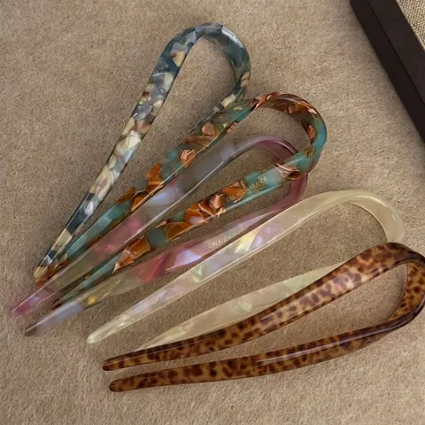 Acetate U-Shaped Hair Stick Elegant French Style Hairpin Tortoiseshell Marble Pattern Hair Fork For Women Daily Bun Styling Accessory