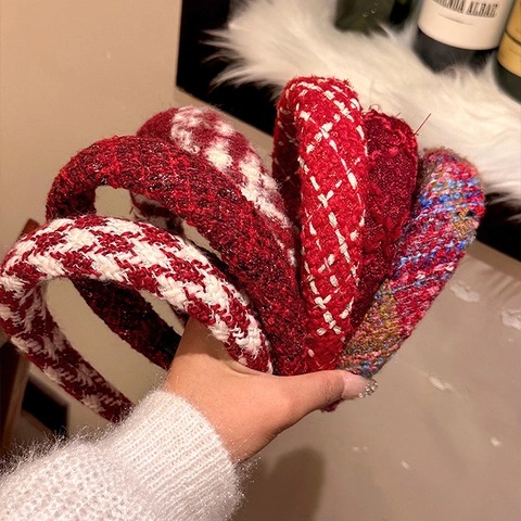 Damen Rot Festlich Weihnachten Stirnband Verdickt Gepolstert Tweed Gewebt Haarreif Hoher Schädeloberteil Retro Pläd Haarschmuck