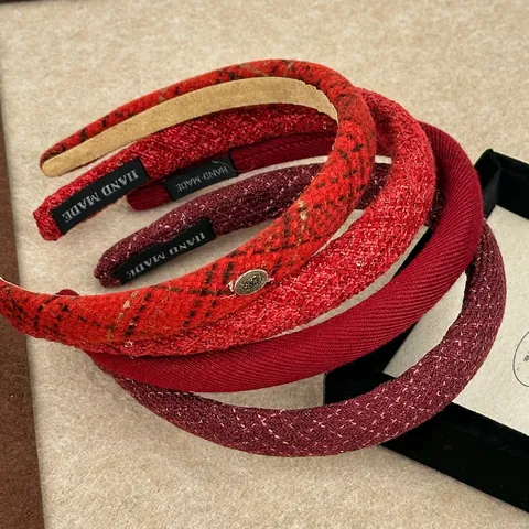 Französisch Vintage Rote Karierte Tweed Stirnband Für Damen Winter Festliche Breite Haarband Handgefertigte Baumwolle Polyester Haarschmuck