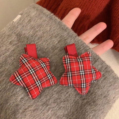 Rote Karierte Stern Haarklammer Stoff Stern Haarnadel Vintage Seitenclip Damen Mädchen Weihnachten Neujahr Party Accessoire