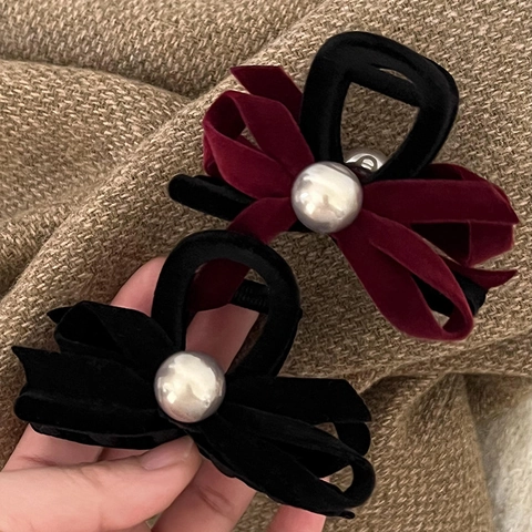 Pinza para el Pelo con Lazo de Terciopelo y Perla Artificial Elegante Vintage Pinza de Tiburón Grande para Mujer