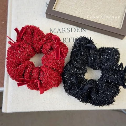 Elastico per Capelli in Tweed in Stile Francese Con Fiocco in Velluto e Filo Metallico Lucido Accessori per Capelli Donna Inverno