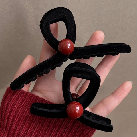Elegante Pinza para el Cabello de Terciopelo Negro Con Perla Artificial Roja Grande Clip de Tiburón Vintage Mujer Fiesta Año Nuevo Accesorios