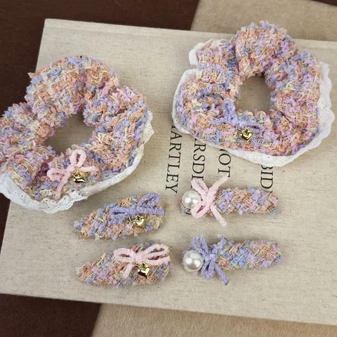 Sweet Tweed Bowknot Hair Scrunchie Alloy Heart Artificial Pearl Korean Style Elegant Fabric Hair Clips For Women Daily Jewelry