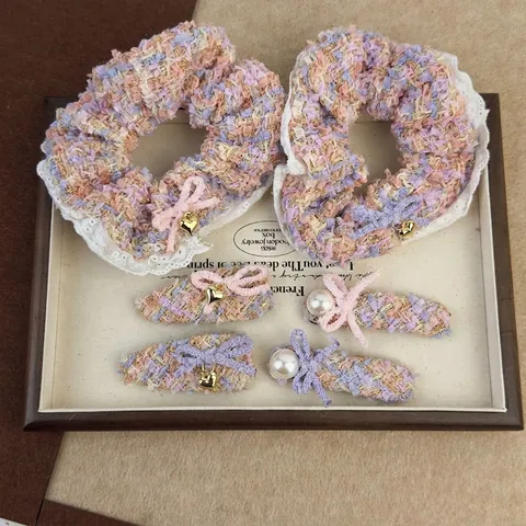Sweet Tweed Bowknot Hair Scrunchie Alloy Heart Artificial Pearl Korean Style Elegant Fabric Hair Clips For Women Daily Jewelry