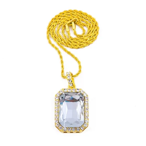 Vintage Hip Hop Alloy Square Pendant Necklace With Colored Rhinestone Iced Out Rectangle Gemstone Necklace For Men Women Jewelry