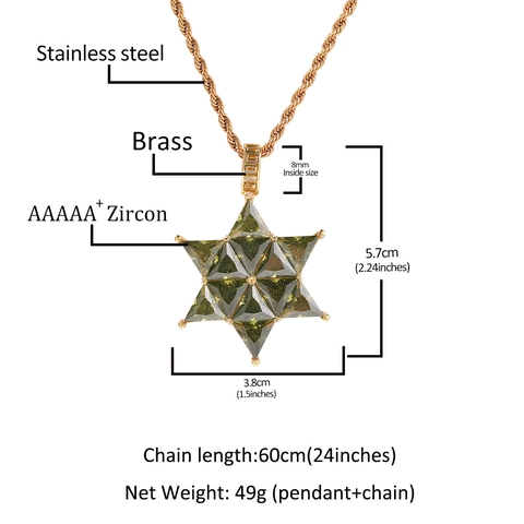 Hip Hop Gold Plated Copper Hexagram Star Of David Pendant Necklace With Zirconia Green Stone Rope Chain Men Jewelry