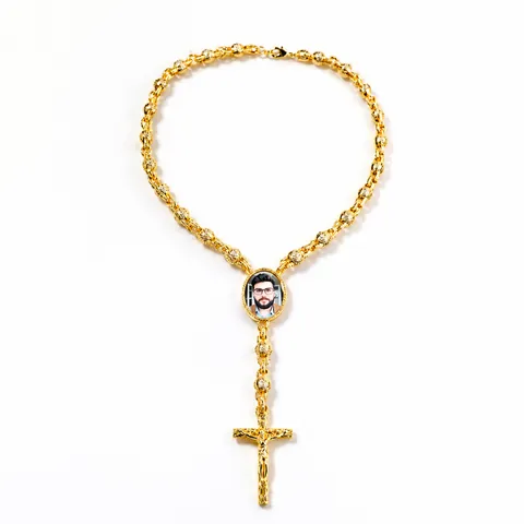 Hip Hop Iced Out Κολιέ με Μενταγιόν Κορνίζα για Άνδρες Γυναίκες Επιχρυσωμένο Χάλκινο Ζιρκόνια Αλυσίδα Ροζάριο Σταυρός