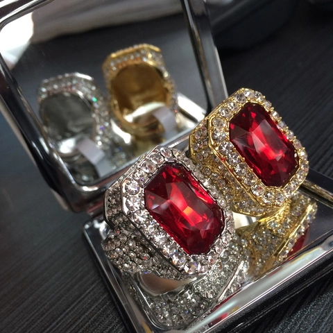 Hip Hop Square Alloy Ring For Men Gold Plated Exaggerated Punk Jewelry Large Colorful Rhinestones Finger Ring Gift