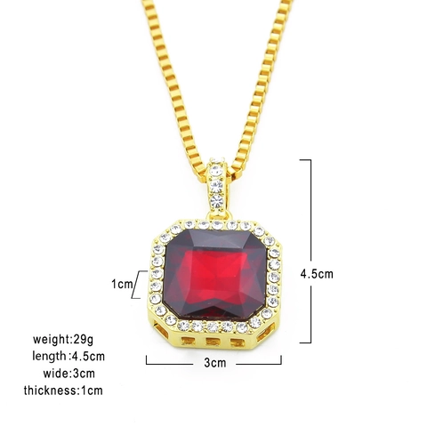 Hip Hop Legierung Quadratische Strass Anhänger Halskette Gold Boxkette Luxus Rot Schwarz Grün Blau Stein Halsketten Für Herren