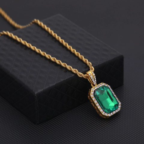 Men's Hip Hop Gold Silver Plated Rectangle Artificial Gemstone Pendant Necklace Alloy Rhinestone Inlaid Rope Cuban Chain Jewelry