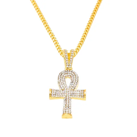 Collana con Pendente Chiave Ankh Egiziana Hip Hop Iced Out per Uomo Donna Oro Argento Lega Strass Catena Cubana