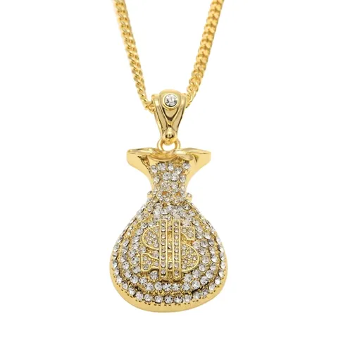 Collana Con Pendente a Sacco di Soldi Hip Hop Lega Strass Segno del Dollaro Maglia Cubana Corda per Uomo Gioielli Streetwear
