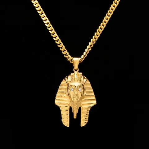 Collana con Pendente Testa di Faraone Egiziano in Acciaio Inossidabile Hip Hop Placcato Oro Gioielli King Tut Retro Catena Cubana