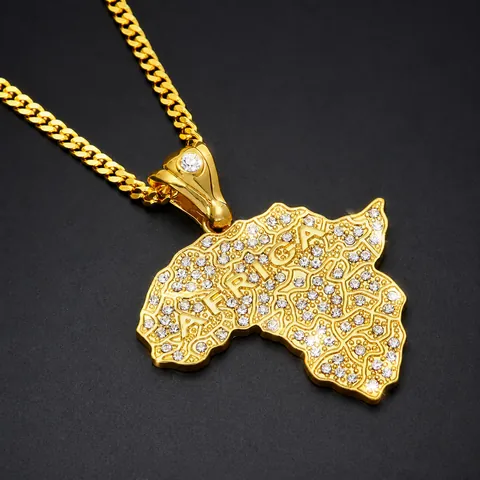 Hip Hop Alloy Rhinestone Africa Map Pendant Necklace Iced Out Gold Silver Plated Streetwear Jewelry For Men Women Gift