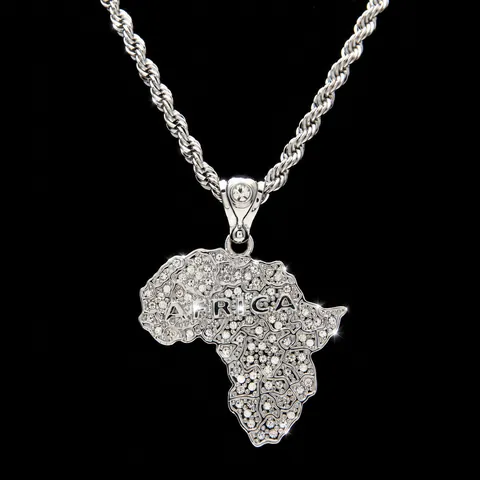 Hip Hop Alloy Rhinestone Africa Map Pendant Necklace Iced Out Gold Silver Plated Streetwear Jewelry For Men Women Gift