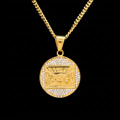 Collar de Pendiente La Última Cena Hip Hop Color Dorado Acero Inoxidable Joyería Religiosa Redonda Con Cadena Eslabones 3mm