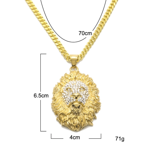 Hip Hop Lion Head Pendant Necklace Stainless Steel Gold Plated Rhinestone Animal Cuban Chain Streetwear Jewelry For Men