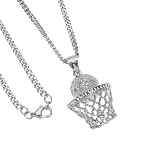 Collana con Ciondolo Canestro da Basket Hip Hop Strass Iced Out Lega Acciaio Inossidabile Gioielli per Uomo Donna Stile Sportivo