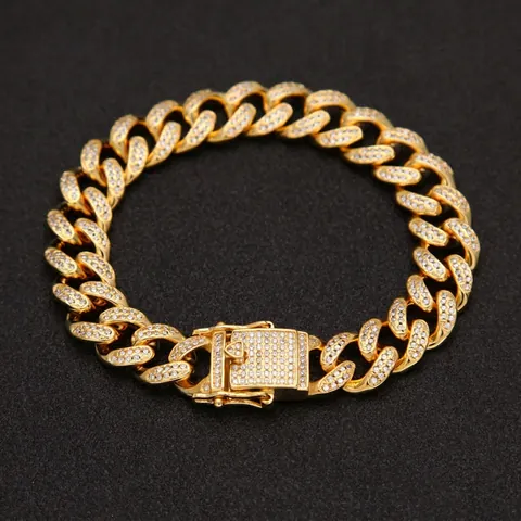Bracciale a Maglia Cubana Iced Out da Uomo Gioielli in Rame Hip Hop con Zirconia Punk Placcato Oro Argento Braccialetto