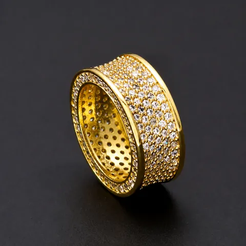Anello in Rame Iced Out da Uomo con Intarsio in Zirconia Fascia Larga Gioielli Hip Hop Placcato Oro Argento Anello Geometrico Regalo di Moda