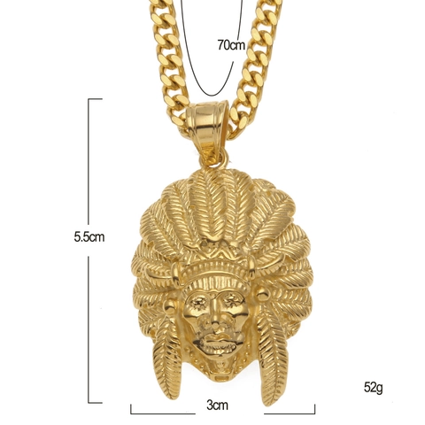 Hip Hop Stainless Steel Indian Chief Head Pendant Necklace For Men Gold Plated Feather Portrait Relief Cuban Chain Jewelry