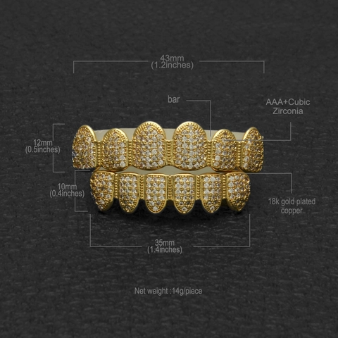 Set de Grillz Dentales Hip Hop de Cobre Micro Pavé de Circonia Iced Out Joyería de Boca Superior e Inferior para Hombres Mujeres Nightclub Rock Accesorio