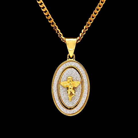 Hip Hop Alloy Relief Oval Pendant Necklace Gold Silver Plated Stainless Steel Curb Chain Angel Indian Chief Jewelry For Men Women