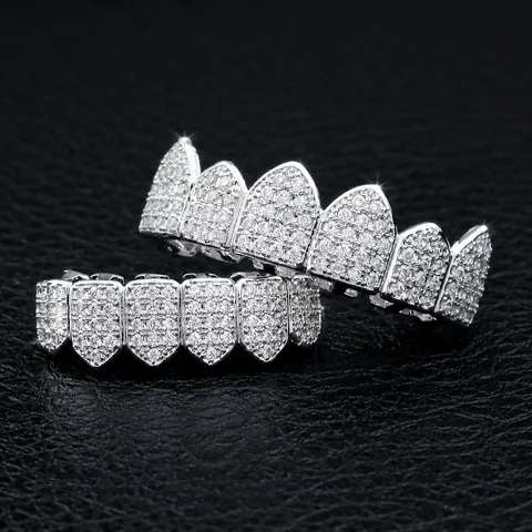 Hip Hop Copper Rhinestone Dental Grillz For Men Iced Out Gold Silver Plated Teeth Jewelry Hollow Geometric Grillz Teeth Grills