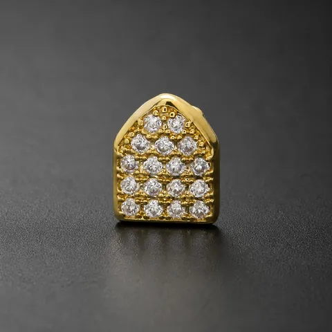 Hip Hop Enkele Tand Grillz Schildvorm Pavé Zirkoon Koper Goud Zilver Verguld Zahnschmuck Mode Lichaamssieraden Accessoires Voor Mannen Vrouwen