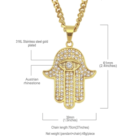 Hip Hop Hamsa Hand Ketting Set Roestvrij Staal Strass Boze Oog Hanger Dubbellaagse Cubaanse Ketting Goud Uniseks Sieraden
