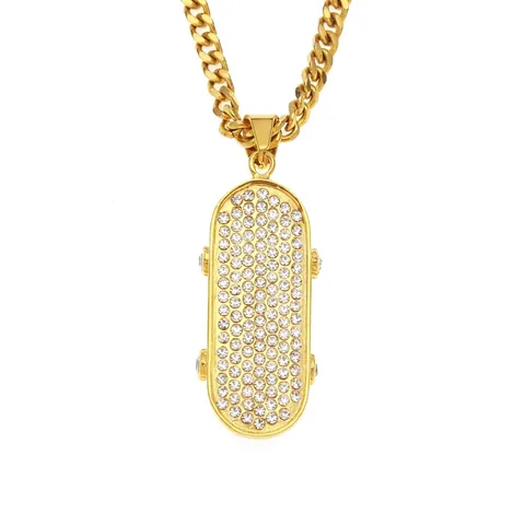Collana con Ciondolo a Forma di Skateboard in Acciaio Inossidabile Hip Hop Catena Cubana con Strass per Uomo Donna Gioielli Street