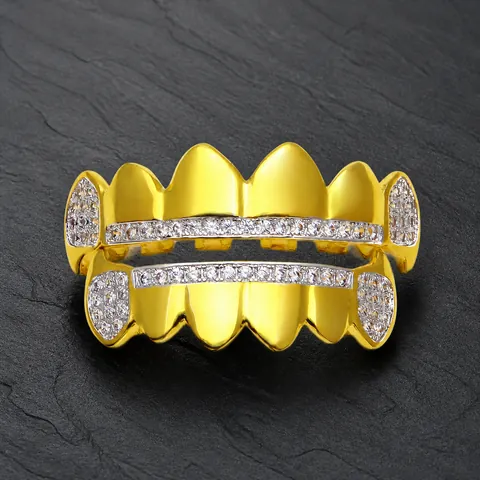 Hiphop Copper Cubic Zirconia Grillz Set 18K Gold Plated Iced Out Teeth Grills Top And Bottom For Men Women Party Jewelry