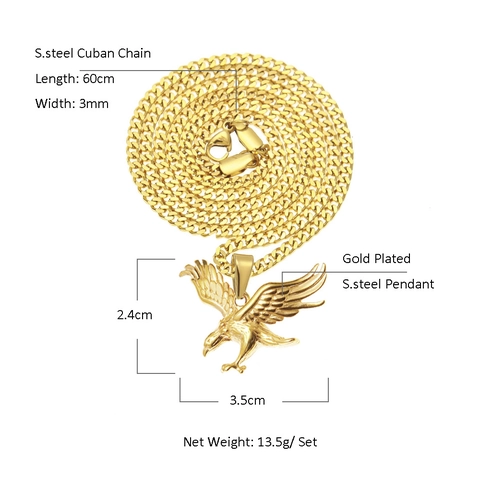 Hip Hop Mens Eagle Pendant Necklace Gold Plated Stainless Steel Cuban Link Chain Bird Jewelry For Men Women Punk Accessory