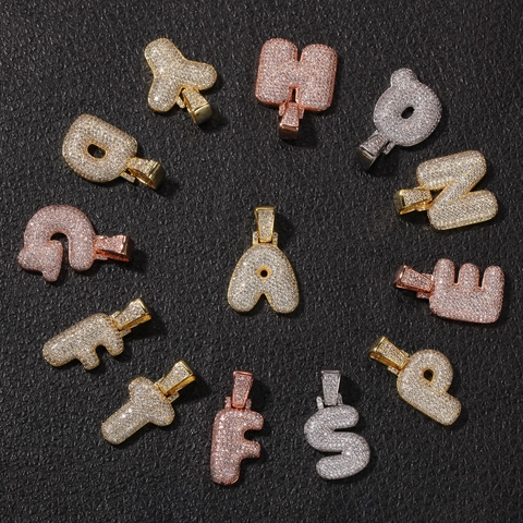 Hip Hop Iced Out Zirconia Bubble Alphabet Pendant Necklace For Men Women Copper Pave Letter Initial Cuban Chain Jewelry
