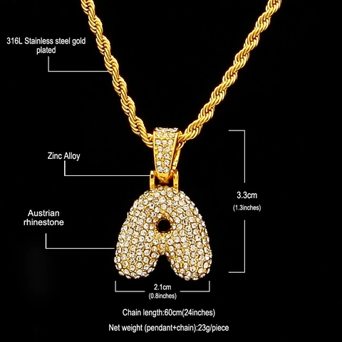 Hip Hop Alloy Pave Rhinestone Bubble Letter Pendant Necklace For Men Women Iced Out Alphabet Rope Chain Streetwear Jewelry