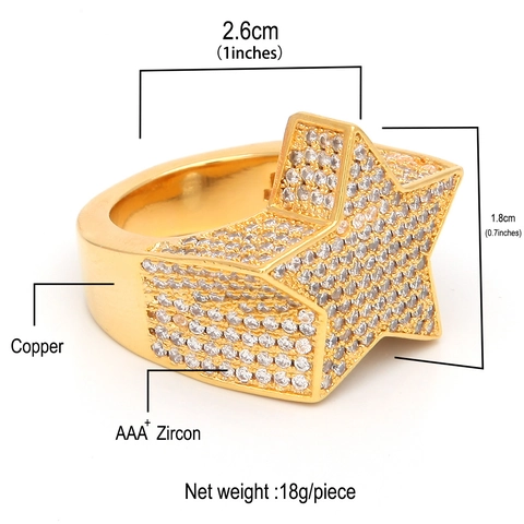 Bague Étoile Pentagramme Hip Hop Iced Out pour Hommes Cuivre Zirconia Bijoux de Mode Personnalisés Surdimensionnés Or Argent Or Rose