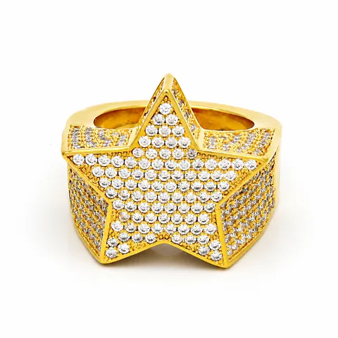 Bague Étoile Pentagramme Hip Hop Iced Out pour Hommes Cuivre Zirconia Bijoux de Mode Personnalisés Surdimensionnés Or Argent Or Rose