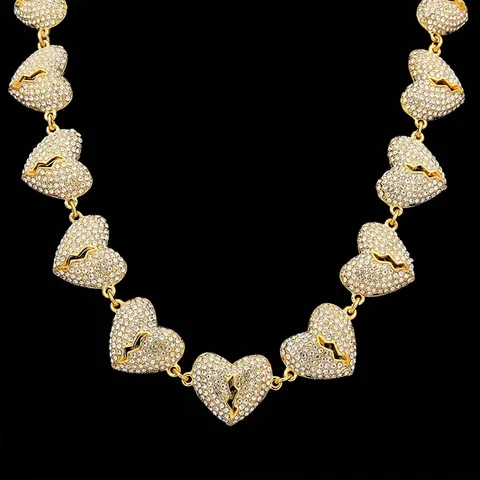 Hip Hop Iced Out Broken Heart Alloy Rhinestone Pendant Necklace Luxury Pave Heart Links Chain For Men Women Streetwear Jewelry