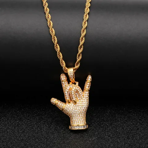 Hip Hop I Love You Gesture Pendant Necklace Copper Zirconia Iced Out Hand Gesture Charm Rope Chain Jewelry For Men Women