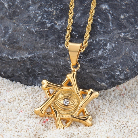Stainless Steel Gold Hexagram All-Seeing Eye Pendant Necklace Punk Hip Hop Bone Star Rhinestone Gothic Jewelry For Men Women