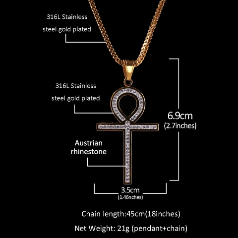 Collana con Croce Ankh in Acciaio Inossidabile Placcato Oro Zirconia Simbolo Vita Egiziana Hip Hop Streetwear Gioielli Unisex