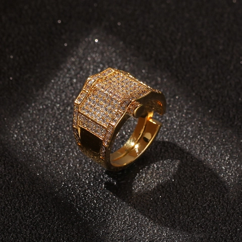 Hip Hop Iced Out Copper Zirconia Ring For Men Cool Street Rap Performance Adjustable Geometric Square Gold Silver Jewelry Finger Ring