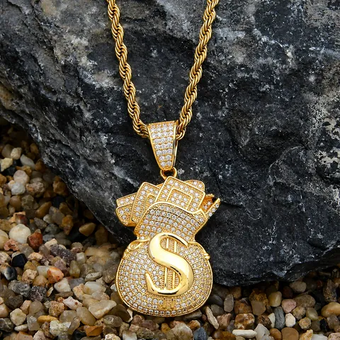 Hip Hop Copper Zirconia Inlaid Money Bag Pendant Necklace With Stainless Steel Rope Chain Dollar Sign Jewelry For Men Women