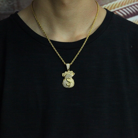 Hip Hop Copper Zirconia Inlaid Money Bag Pendant Necklace With Stainless Steel Rope Chain Dollar Sign Jewelry For Men Women
