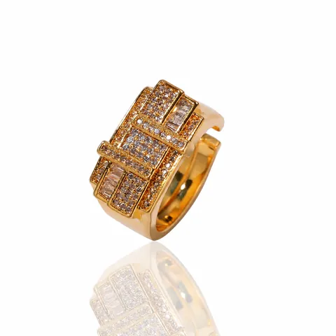 Hip Hop Copper Ring For Men Pave Zirconia Geometric Square Round Intertwined Adjustable Fashion Jewelry Statement Finger Ring