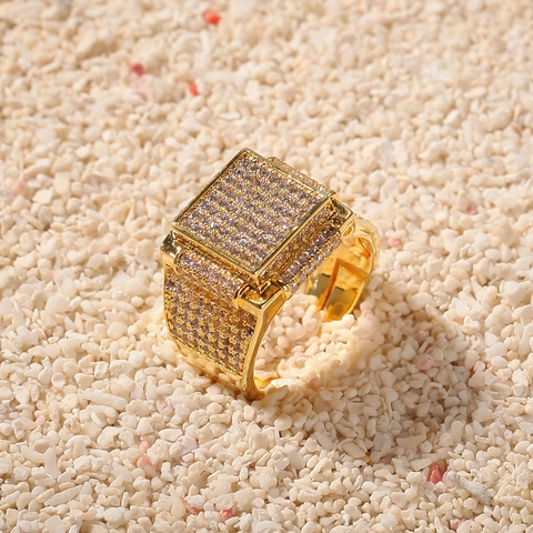 Hip Hop Men Square Copper Ring With Zirconia Iced Out Gold Silver Plated Geometric Bling Personalized Fashion Jewelry Rap Accessory