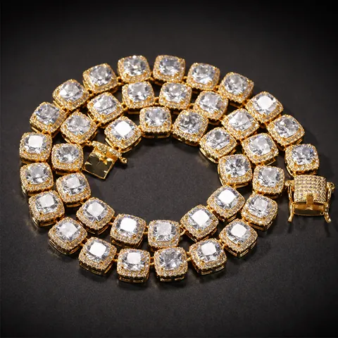 Men Hip Hop Square Zirconia Tennis Chain Necklace Iced Out Gold Silver Plated Copper Jewelry Geometric Bling Accessory Gift
