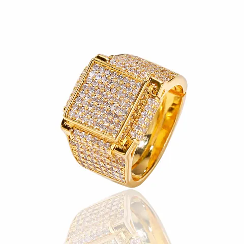 Hip Hop Men Square Copper Ring With Zirconia Iced Out Gold Silver Plated Geometric Bling Personalized Fashion Jewelry Rap Accessory