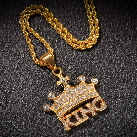 Collar con Colgante de Corona King Hip Hop de Acero Inoxidable con Diamantes de Imitación Oro Plata Joyería Street Style para Hombre Mujer